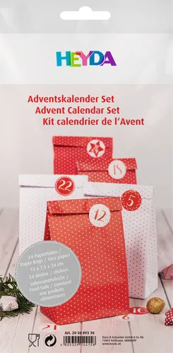 Heyda Adventskalender Set Basteln Punkte 20 30 893 30 rot weiß Papiertüten