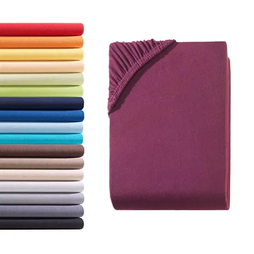 Hometex Premium Textiles Spannbettlaken Spannbetttuch 90-100 x 200 cm, Bettlaken Jersey aus 100% Baumwolle, Matratzen bis 23-25 cm, Oeko-TEX Made IN Green, Bordeaux