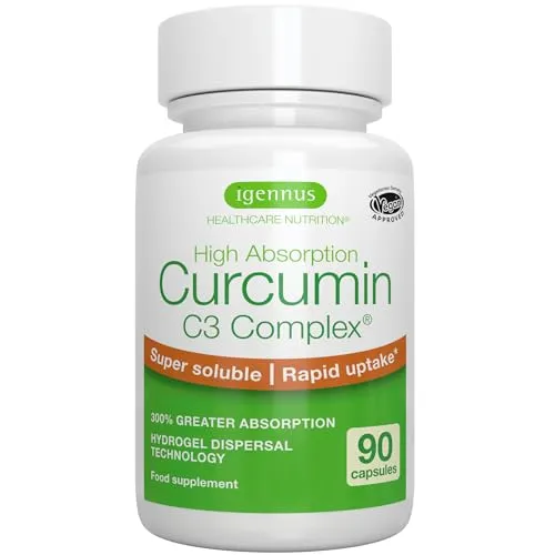 Kurkuma Extrakt ohne Pfeffer, 210g Curcuminoide Äq. zu 8,82g Kurkumawurzel per Kapsel, Curcumin C3 Kapseln mit 300% höherer Absorption, hypoallergen und vegan, 90 Kapsel, von Igennus