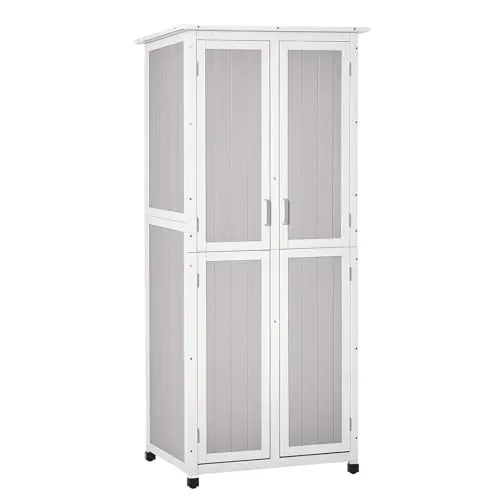 Outsunny Geräteschrank Gartenschuppen mit 2 Türen Geräteschuppen mit 2 Einlegeböden für den Außenbereich Tannenholz Grau+Weiß 77 x 58 x 175 cm