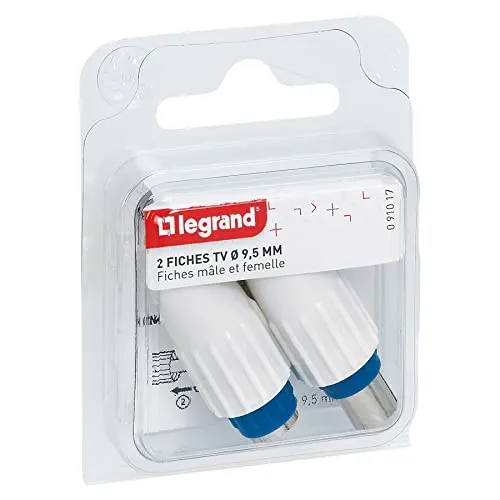 LEGRAND, Fernsehstecker, 1 TV-Stecker Ø9,52mm und 1 TV-Buchse Ø9,52mm, 49,5 x 15 x 15 mm, Farbe: Weiß, 091017