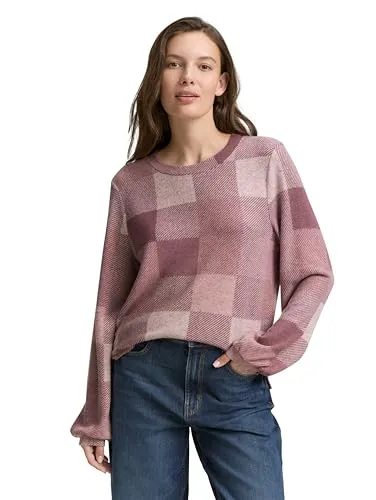 TOM TAILOR Damen Longsleeve T-Shirt 1044923, Berry Cosy Check - Damenbluse mit gemustertem Design und leichten Ballonärmeln, aus weichem Single-Jersey für optimalen Tragekomfort.