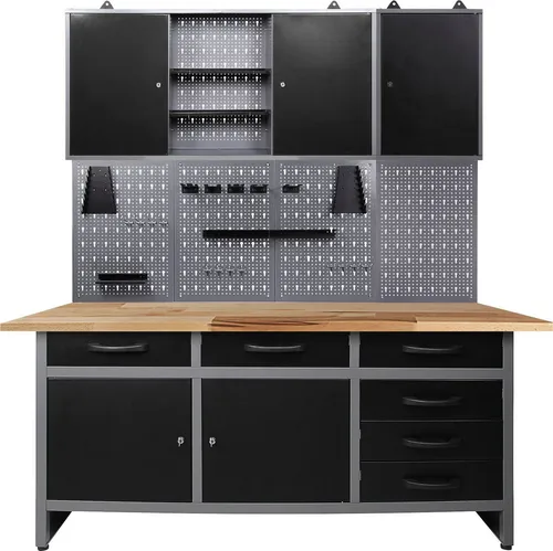 ONDIS24 Werkstatt-Set 160 cm grau|schwarz - Werkstatteinrichtung mit 6 Schubladen und 5 Türen, abschließbar und extrem belastbar bis 590 kg – ideal für Hobbywerkstätten!