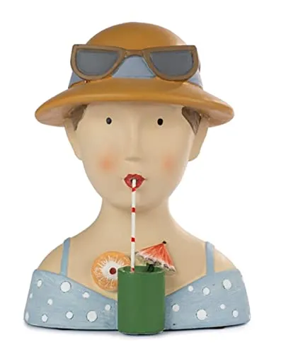 ETC Baden Import Ladykopf Dekokopf Dekobüste Dame mit Sonnenhut und Sommercocktail