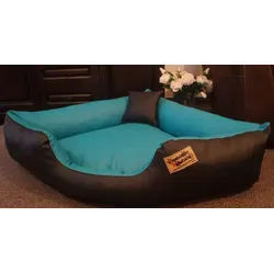 Hundebettenmanufaktur Hundekorb Canto 100 cm x 100 cm - Hundebett aus Kunstleder, stilvolles Eckbett in schwarz und türkis, ideal für moderne Wohnräume und bietet optimalen Komfort für Ihren Hund.