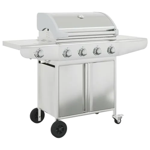 vidaXL Gasgrill mit 4 Flammen - Grills, ideal für gesellige BBQ-Abende mit Familie und Freunden. Robuste Edelstahlkonstruktion, großzügige Grillfläche und praktische Räder für einfachen Transport.