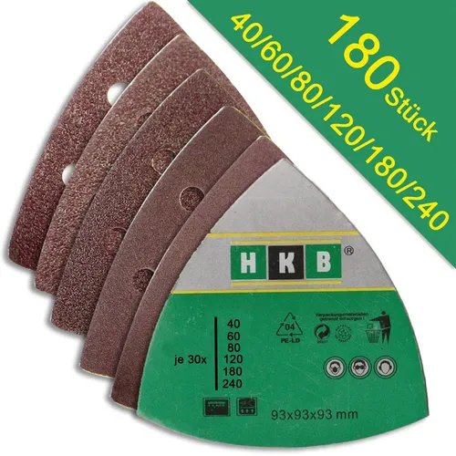 Schleifdreiecke, 93x93x93mm Klett, je 30 X K40-60-80-120-180-240 Korund 180