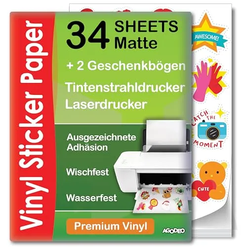Hochwertiges bedruckbares Vinyl-Aufkleberpapier – 34 Blatt – A4 – matt – Wasserfest – für Laser- und Tintenstrahldrucker geeignetes Vinyl-Aufkleberpapier – kompatibel mit Cricut