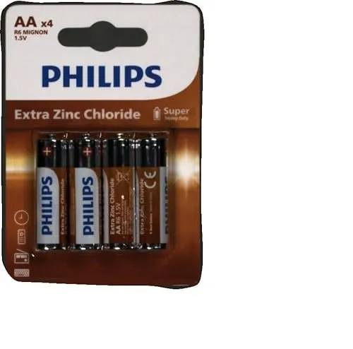 Philips AA-Batterien 4 Stück - Zinkchlorid-Technologie für lange Lebensdauer - Batterien, leistungsstarke Zinkchlorid-Technologie für bis zu 3 Jahre Haltbarkeit, ideal für energieeffiziente Geräte wie Fernbedienungen und Uhren.
