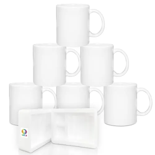 MR.R Set mit 6 Sublimationsrohlingen, spülmaschinengeeignet, weiße Keramik-Kaffeetassen, 11 Unzen, leere Keramik, klassischer Trinkbecher, Becher für Milch, Tee, Cola, Wasser