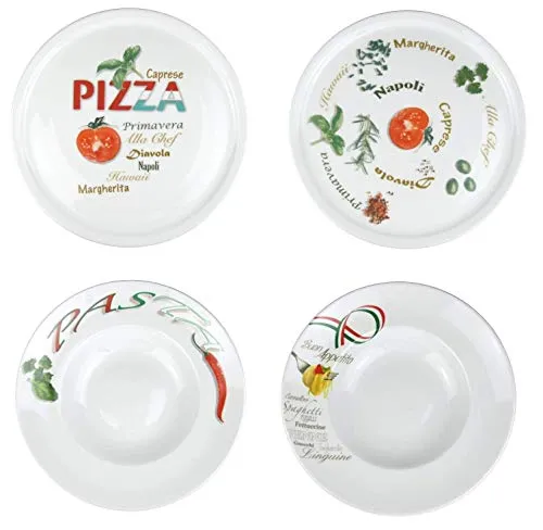 Retsch Arzberg 4er Set Pizza und Pasta – XXL Teller - Pastateller Set mit 2 Pizzatellern und 2 Pastatellern, je 30 cm Durchmesser, spülmaschinenfest und in verschiedenen dekorativen Motiven.