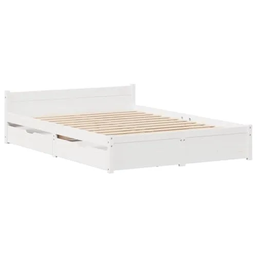 vidaXL Massivholzbett Weiß 140x200 cm aus Kiefernholz - Hochwertiges Massivholzbett mit Lattenrost und praktischen Schubladen für optimalen Stauraum. Ideal für erholsamen Schlaf und rustikalen Charme in deinem Schlafzimmer.