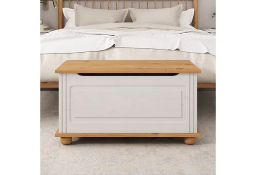 IDIMEX Sitztruhe BRISTOL, elegante Truhenbank aus massivem Kiefernholz - Sitzbank und Aufbewahrung in einem, ideal für Landhaus-Stil, Maße: 85x43x45 cm, Farbe: weiß/braun, zerlegt geliefert.