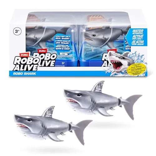 Robo Alive Wasseraktivierter Hai (Weiß) 2er-Pack von ZURU – Realistisches schwimmendes Roboter-Badespielzeug für Kinder, Twens & Teens, Wasseraktivierter Hai für Spiele & Streiche, ab 3 Jahren