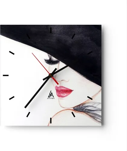 Wanduhr - Quadrat - Glasuhr - Frau Lippen Hut Eleganz - 40x40cm - Schleichendes Uhrwerk - Lautlos - zum Aufhängen bereit - Dekoration Modern - Wanddekoration aus Glas - C3AC40x40-2947