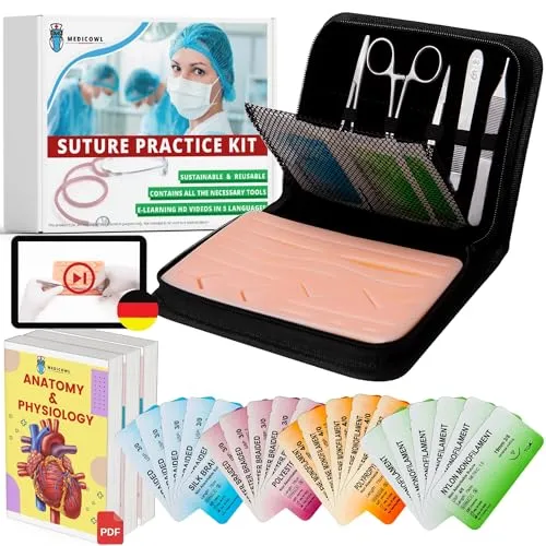 Nahttrainingsset | Nahtschulung + Wundnaht-Videokurs auf deutsch | 33 Stück im Fächeretui | Silikon-Nahtsimulator || Wundnaht-Übungsset | Ideales Geschenk für Medizinstudenten (Schwarz)
