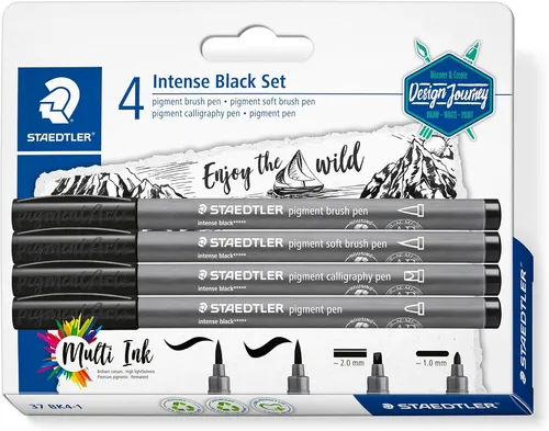 PIGMENT BRUSH - 37BK4-1 FASERMALER  -  INTENSE SCHWARZ SET - STAEDTLER # NEU