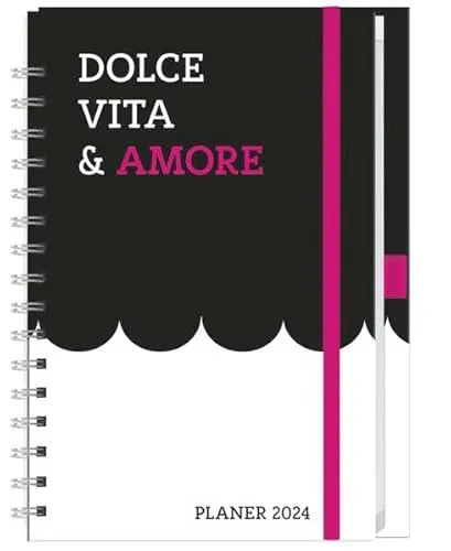 Familienplaner Buch A5 Amore 2024. Praktischer Buchkalender mit Gummiband und Stiftehalter. Stylischer Familien-Kalender mit 5 Spalten. Terminkalender 2024.
