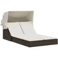 vidaXL Doppel-Sonnenliege mit Dach und Auflagen Braun - Gartenliegen mit verstellbarer Rückenlehne und ausziehbarem Sonnendach für entspanntes Liegen im Freien. Hergestellt aus robustem und pflegeleichtem PE-Rattan.