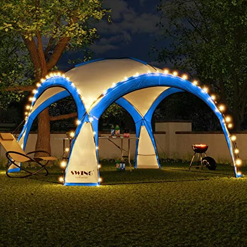 Swing&Harmonie LED Event Pavillon XXL DomeShelter 450cm - Designer Gartenzelt für Camping und Partys, inklusive Solarmodul und 96 LED-Beleuchtung für stimmungsvolle Abende im Freien.