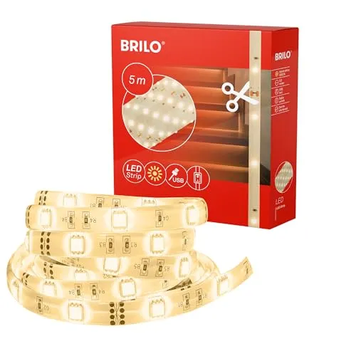 BRILONER – 5m LED Strip, LED Streifen, Deko Lichterkette, Leiste, USB Band, Warmweißes Licht, Kabelschalter, Weiß