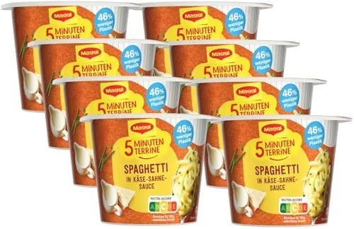Maggi 5 Minuten Terrine Spaghetti in Käse-Sahne-Sauce, leckeres Fertiggericht, Instant-Nudeln, mit würzigem Speck & Parmesan, 8er Pack (8 x 62g)