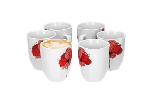 van Well Becher 6er Set Kaffeebecher Monika Mohn Blume Tasse Porzellan 33cl, Porzellan