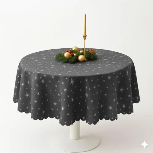 Lurex Tischdecke Sterne Glitzer Weihnachten Christmas Dunkelgrau Rund 135 cm