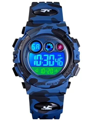 Alienwork Seven-Color LED Digital Kinderuhr Jungen Mädchen Camouflage blau Kautschuk-Armband Kalender Marineblau Chronograph Sportlich Multi-Funktion