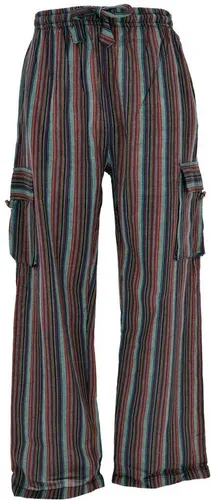 GURU SHOP Gestreifte Yogahose - Unisex Baumwoll-Goa-Hose in Petrol/Rot, Größe S - Bequeme Yoga-Hose aus Baumwolle mit elastischem Bund und praktischen Taschen, ideal für Yoga und Freizeit.