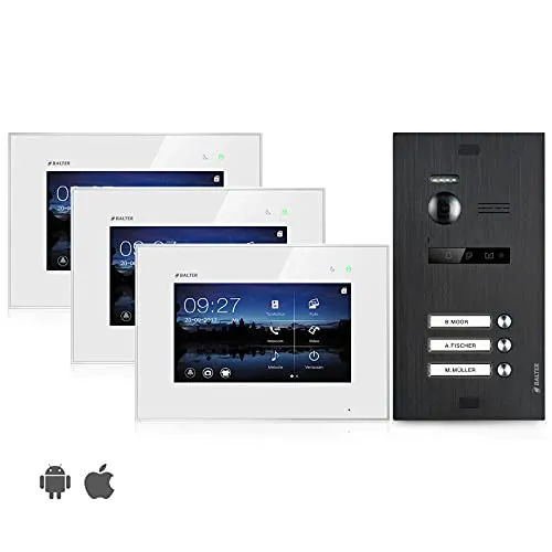 Balter EVO Video-Türsprechanlage für 3 Familienhaus - Haus-Alarmanlagen mit 3x 7 Zoll WLAN-Monitor, 150° Weitwinkelkamera und App-Steuerung für maximale Sicherheit und Komfort - auch unterwegs!