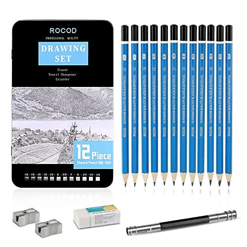 ROCOD 12 Stück Zeichnung Bleistifte Set Professionelle Zeichenstifte Skizzierstifte Graphitstifte Künstlerbleistift (6B-4H)