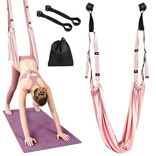 Aerial Yogagurt Verstellbare Dehnungsband, Yoga Tuch zum Aufhängen | Aufhängen Yoga Hängematte mit Tasche, Yogagurt Beinstretcher Stretching Band, für Ballett Pilates Gymnastik Pilates Fitn Rosa