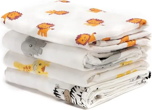CuddleBug „Safari und Freunde“ 4 Stück 120 cm x 120 cm Lange Baby Decke für Babys | 5 Farbkollektionen | Musselin Decke | Babydecke Mädchen oder Jungen | Babydecke Baumwolle