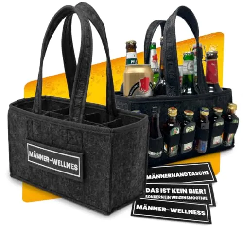 Longfair Männerhandtasche für Bier – Filztasche für 8 Bierflaschen & Dosen mit 3 Klett-Patches & Schnaps-Halterung – Lustiges Männer Geschenk für Vatertag, Geburtstag, Festival & Männerabend