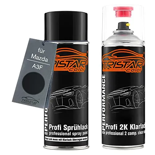 TRISTARcolor Autolack 2K Spraydosen Set für Mazda A3F Brillant Black/Brillantschwarz Basislack 2 Komponenten Klarlack Sprühdose