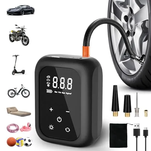 KIMIGO Elektrische Fahrradpumpe,Kabelloser Tragbare Akku Luftpumpe mit Autostop,alle ventile,LED-Licht,Wiederaufladbare Reifenpumpe,Tragbare Akku Fahrradpump für Fahrrad,E-Bike,Auto,Motorrad,Bälle