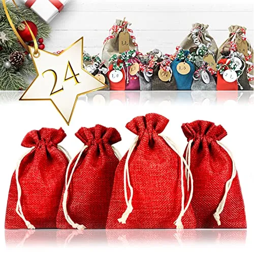 Ganzoo Jutesäckchen/Jute-beutel/Jute-Sack 24er Set für Adventskalender mit Geschenk-Verpackung, 13cm x 9,5cm, Jutebeutel, Stoffbeutel, Natur Säckchen, Geschenksäckchen, Sack, Beutel, Rot