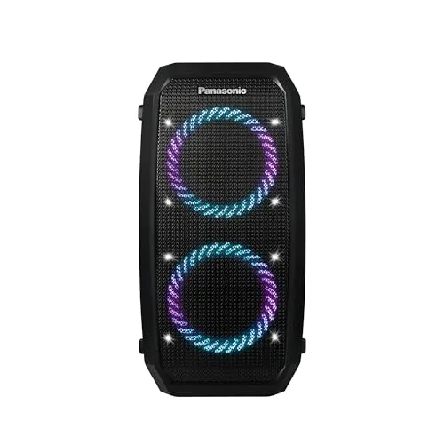 Panasonic SC-BMAX30 tragbarer Party-Lautsprecher mit Bluetooth, integrierter Beleuchtung, Bass Reflex Port, 320 W, 14-Stunden-Akku, USB, IPX4, Gitarren- & Mikrofoneingängen für Karaoke, Schwarz