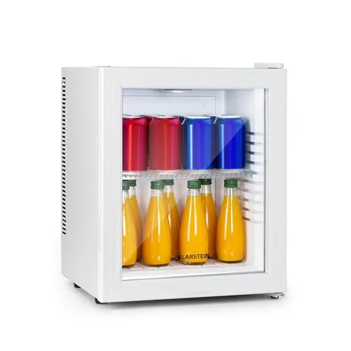 Klarstein Mini Kühlschrank mit Glastüre - Kompakter Mini-Kühlschrank (23L) für Getränke, Snacks & Kosmetik. Ideal für kleine Räume, leise im Betrieb und energieeffizient mit einer Temperatur von 12-18°C.