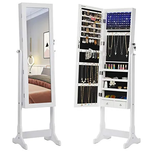 SONGMICS LED Beleuchtung Schmuckschrank mit Spiegel und Schloss - Schmuckschrank und Standspiegel in einem, mit abschließbarem Design für sichere Aufbewahrung. Mit batteriebetriebener LED-Beleuchtung und großem Stauraum für Schmuckstücke.