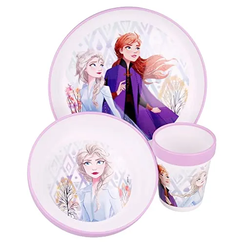 Stor Disney Frozen 3-teiliges Babynahrungsset aus BPA-freiem Kunststoff, bestehend aus einem flachen Teller, einem Boden und einem Glas, waschbar und wiederverwendbar