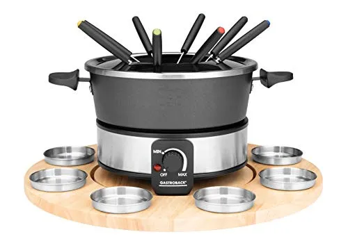 GASTROBACK 42566 Fondue Set - Praktischer Drehteller mit 8 Edelstahl-Saucenbehältern, stufenlos regelbar von 40°C bis 190°C, 1.000 Watt, antihaftbeschichteter Topf, ideal für gesellige Abende
