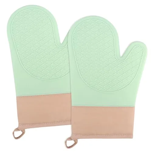 Ofenhandschuhe,2PCS Topflappen Silikon, Backofen Handschuhe eine Anti- Rutsch Oberfläche,die Innenseite ist aus Baumwolle, Handschuhe der Küche,Grün Oven Mitts