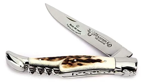 LAGUIOLE EN AUBRAC L 12 cm Taschenmesser mit Korkenzieher, Klinge 10 cm glänzend, Backen glänzend, Griffschalen Hirschhorn, Gewicht: 100 g