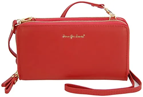 JENNIFER JONES - 2in1 Umhängetasche & Geldbörse für Smartphones bis 7 Zoll (Rot) - Stylische 2in1 Umhängetasche mit abnehmbarem Schultergurt - ideal für Reisen, Shopping oder abends. Mit Smartphone-Fach und viel Platz für Karten und Kleingeld.