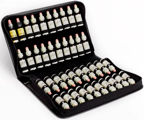 Bachblüten Etui für 40 Nelson Bachblüten à 20ml - Elegantes Lederetui - Praktisches Etui für bis zu 40 Flaschen à 20ml, aus hochwertigem Leder. Ideal für unterwegs, bietet es sicheren Platz für Ihre Essenzen und ist ein stilvoller Begleiter.
