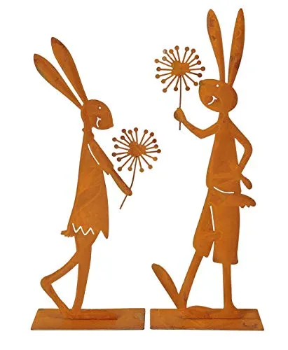 ETC dekorative witzige Deko-Figur Silhouette Hasen mit Pusteblümchen Metall edelrost Preis für 2 Stück