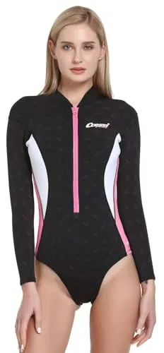 CRESSI Termico Long Sleeve Lady Swimsuit 2 mm - Damen Schwimmanzug Langärmelig , aus Stark Dehnbarem 2mm Ultraspan Double Lined Neoprene, Schwarz/Rosa/Weiß, XXL/6
