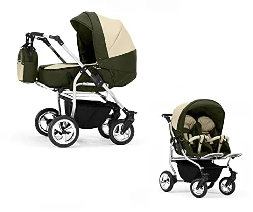 Elcar 2 in 1 Zwillingskinderwagen Duo - 11 Teile - in Olive-Creme